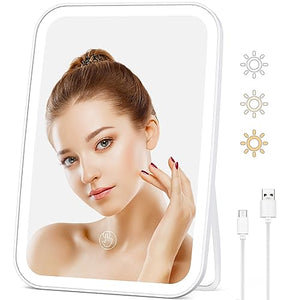 LUVONI Makeup Mirror with Lights, 8.6"x6.1" Rechargeable Travel Vanity Mirror with Stand, 3 Color LED Lighting Dimmable Brightness Adjustable Angle Compact Mirror Portable Cosmetic Mirror for Women