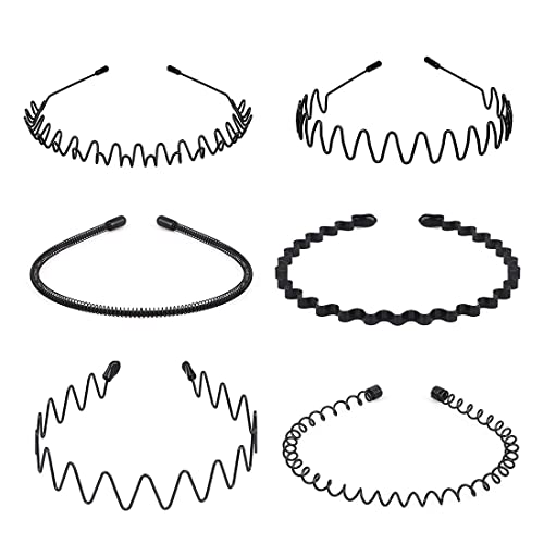 6 Pieces Metal Headbands Wavy Hairband Spring Hair Hoop Sports Fashion Hair Bands Unisex Black Elastic Non Slip Simple Headwear Accessories