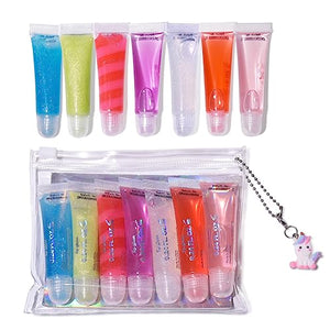 M&U Sparkle Lip Gloss Set with Handbag, 7Pcs Assorted Flavors Hydrating Lip Balm Party Favor Make-up for Kids and Teens Ages 5+