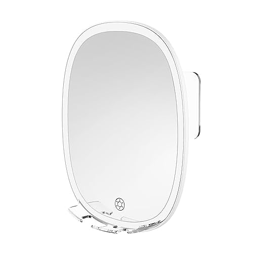Ontseev Fogless Shower Mirror for Shaving 360°Swivel Wall Shelves Mounted Shower Mirror Dimable LED Lighting Bathroom Anti-Fog Shaving Mirrors for Men and Women Face Shape Size 8.4 * 6.7 inch