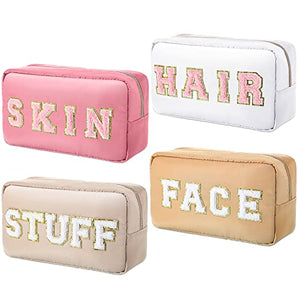 Remerry 4 Pcs Nylon Cosmetic Bag Chenille Letter Cosmetic Pouch Zipper Preppy Waterproof Hair Bag with Patches Makeup Organizer Bag Set for Women (Earth Tone, Stuff, Face)