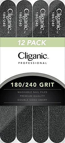 12 Pack Nail File Set: 180/240 Grit | Professional Emery Boards for Natural, Gel & Acrylic Nails | Washable Double Sided Kit | Cliganic 90 Days Warranty