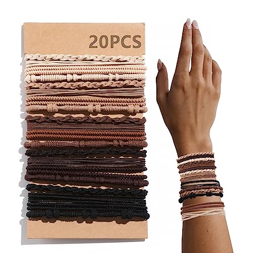 20 PCS Hair Ties for Women, 5 Neutral Colors Boho Hair Ties for Thick or Thin Hair, 4 Styles Hair Bands Bracelets for Girls, 2.36’’ Cute Hair Ties for Ponytail Holders, No Damage Brown Hair Ties