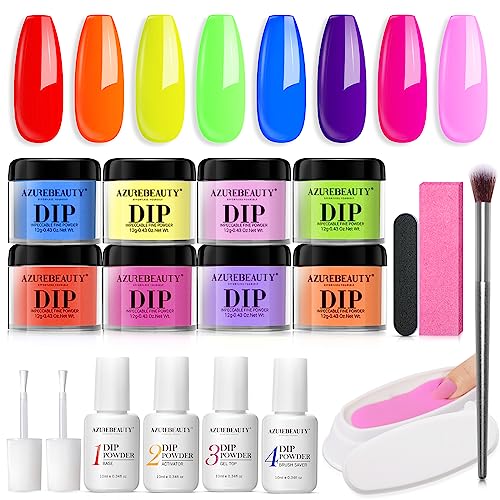 AZUREBEAUTY 18Pcs Dip Powder Nail Kit Starter, Summer Pastel Neon Bright Green Hot Pink Bold Yellow Colors Dipping Powder Liquid Set with Base/Top Coat for Beginner French Nails Art Manicure DIY Salon