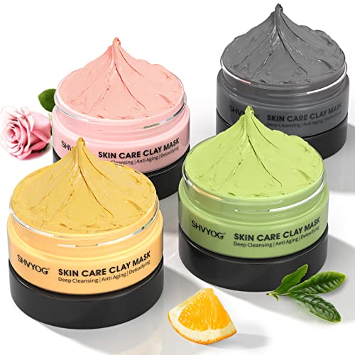 4 Pcs Clay Mask Set, Turmeric Vitamin C Clay Mask, Green Tea Mask, Dead Sea Mud Mask, Rose Clay Mask, Skin Care Face Mask Clay Facial Mask for Deep Cleansing, Moisturizing and Refining Pores 240g
