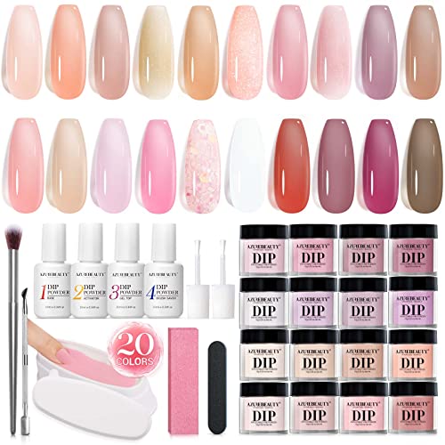 AZUREBEAUTY Dip Powder Nail Starter Kit Jelly Translucent, Nude Pink Purple Orange Brown Acrylic Dipping Powder 20 Colors Set with Recycling Tray & Top/Base Coat Activator French Nail Art Manicure DIY Salon 31PCS