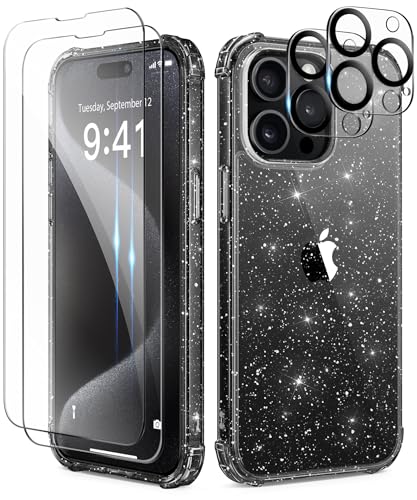 TIESZEN Compatible with iPhone 15 Pro Max Case Glitter Clear, [7 in 1] with 3X Screen Protector + 3X Camera Lens Protector, Cute Bling Military Grade Shockproof Slim Phone Case 6.7 Inch, Clear Black