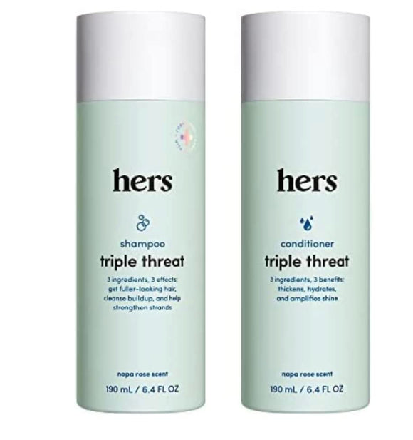 hers Triple Threat Shampoo and Conditioner Set for Women- Thickening, Moisturizing, Reduces Shedding- Color Safe Hair Loss Shampoo and Conditioner- 2 pack, 6.4oz