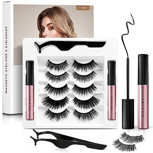 Magnetic Eyelashes with Eyeliner Kit, Reusable Magnetic Eyelashes, Magnetic lashes Natural Looking with Magnetic Eyeliner & Tweezers, Easy to Wear-No Glue Needed (5-Pairs)