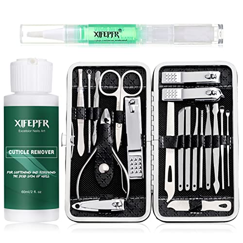 XIFEPFR Manicure Set - Cuticle Remover Cream, 19Pcs Nail Clipper Pedicure Kit, Professional Grooming Kit with Black Luxurious Travel Case, Stainless Steel Nail Kit for Men Women