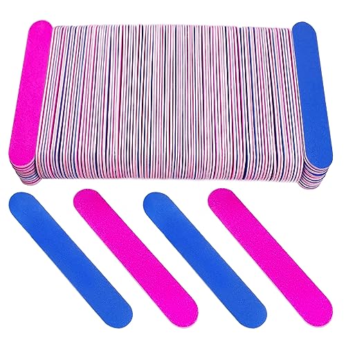 Emery Boards for Nails, 100 Pcs Nail Files for Nature Nails Small Disposable Double Sided Colorful Nail File Bulk for Home Salon Travel Size Mini Manicure Kit for Men Women Kids Wood Emory Pink/Blue
