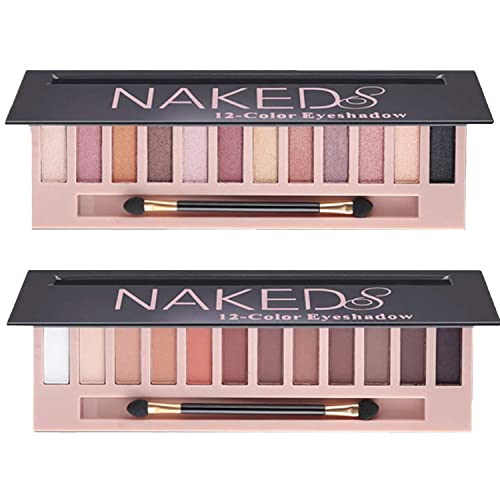 2 Pcs 12 Colors Eye Shadow Palette,Nude Matte Smokey Shimmer Glitter Eyeshadow Palette,Blendable Rich Colors,Waterproof Beauty Makeup Palette Kit with Double-Ended Makeup Brush(A+B)