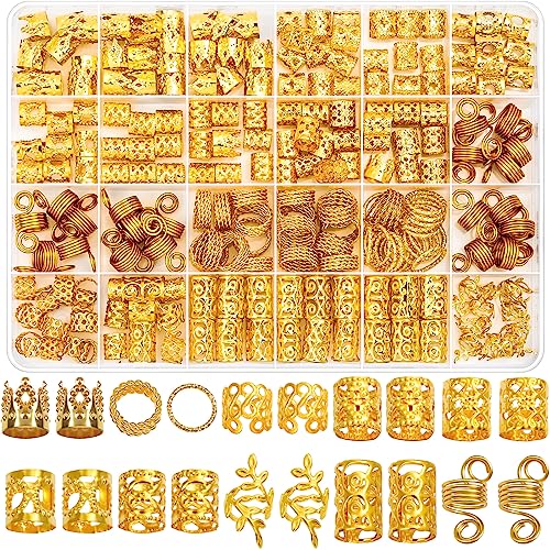 Lucomb 220 Pcs Gold Hair Jewelry for Braids, Loc Jewelry for Hair Dreadlock, Hair Charms for Women, Metal Gold Braids Rings Cuffs Clips for Dreadlock Accessories Hair Braids Jewelry Decorations