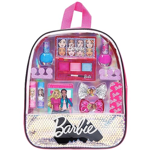 Barbie - Townley Girl 15 Pcs Makeup Filled Backpack Cosmetic Gift Set with Mirror Includes Lip Gloss, Nail Polish, Hair Bow & More! for Kids Girls, Ages 3+ Perfect for Parties, Sleepovers & Makeovers