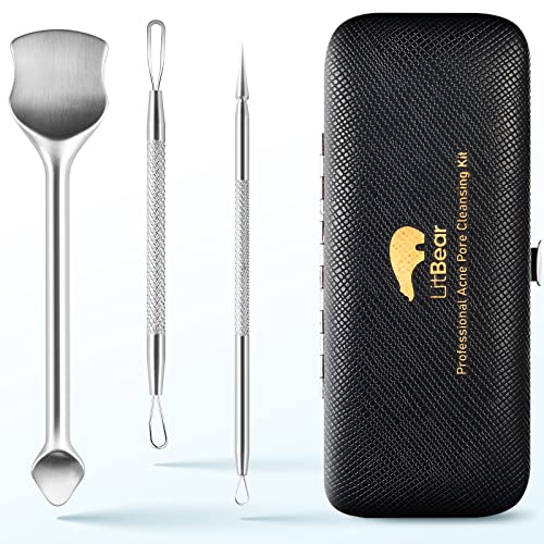 LitBear Pore Prep Tool, Blackhead Remover Pimple Popper Tool Kit, Stainless Steel Blackhead Extractions Tool for Acne, Whitehead Popping, Blemish, Comedone