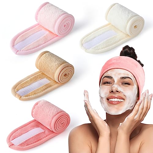 4 Pack Spa Headbands for Women, Lengthened Adjustable Makeup Headbands for Women's Hair, Stretch Flannel Headband for Washing Face, Wrap Towel for Skincare, Facial Mask, Bath and Sport with Magic Tape