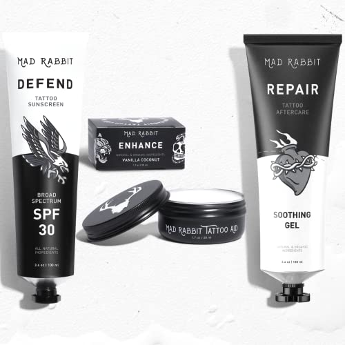 Mad Rabbit Tattoo Care Bundle Kit (3-Piece) Repair Soothing Gel, Enhance Balm & Defend SPF 30 Sunscreen - Full Coverage Tattoo Care Kit for New & Current Tattoos