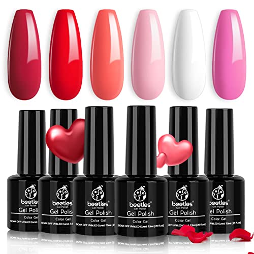Beetles Gel Nail Polish Set - 6 Colors Pink Rose Cherry Red Spring Summer Nail Gel Kit Pink Christmas Decorations Sweet Nails Gifts for Women Girl Mom Manicure Kit Soak Off LED Nail Lamp Light