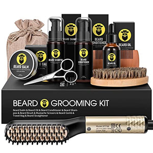 Beard Growth Grooming/ Straightener Kit, Beard Growth Oil & Wash Shampoo, Conditioner, Balm, Wax, Comb, Brush, Scissor, Bag, Gifts for Men Him Dad Boyfriend