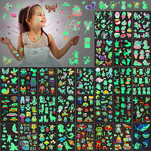 Sinmoe 400 Pieces Glow Temporary Tattoos for Kids Waterproof Luminous Mixed Style Cartoon Tattoo, Unicorn Dinosaur Mermaid Animal Fake Tattoo Stickers Party Supplies, 30 Sheets