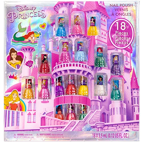 Townley Girl Disney Princess Castlebox Non-Toxic Peel-Off Water-Based Safe Quick Dry Nail Polish | Gift Kit Set for Kids Girls, First Princess | Opaque Colors, Ages 3+ (18 Pcs)