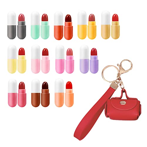 12 Pill Lipstick with 1 Cute Mini Red Leather Bag Key-Chain Pouch - Mini Lipstick Velvet Matte, Smooth, Moisturizing, Long-Lasting, Portable and Charming Look All Day Long