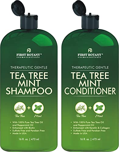 Tea Tree Mint Shampoo and Conditioner - contains Pure Tea Tree Oil & Peppermint Oil - Promotes Hair Growth, Fights Hair Loss & Dandruff, Lice & Itchy Scalp - Men & Women Sulfate Free -16 oz x 2