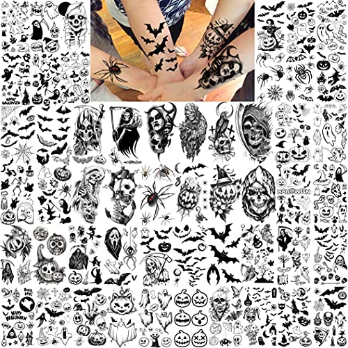 Shegazzi 52 Sheets Halloween Temporary Tattoos For Kids Boys Girls Women Men, 3D Scary Skull Skeleton Fake Tattoos Sticker For Adults, Small Ghost Vampire Bat Pumpkin Spider Temp Transfer Tatoos Devil