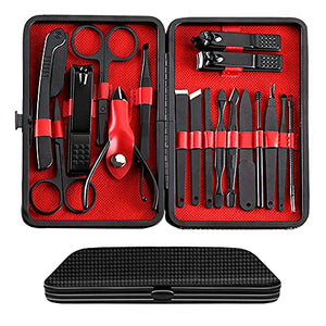 Manicure Set, 18 Pieces Stainless Steel Nail Clippers Set Pedicure Kit Professional Nail Scissors Grooming Kits, Nail Care Tools with Portable Leather Travel Case