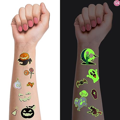124 Pcs Glow Temporary Tattoos for Kids Non-Repeating, Halloween Style Fake Tattoos Stickers for Boys and Girls, Birthday Decorations Luminous Party Supplies Rewards Gifts for Children