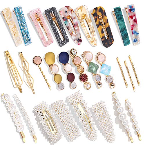 28 PCS Hingwah Pearls and Acrylic Resin Hair Clips, Handmade Hair Barrettes, Marble Alligator bobby pins, Glitter Crystal Geometric Hairpin, Elegant Gold Hair Accessories, Gifts for Women Girls