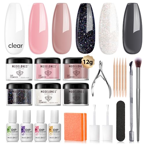 Modelones 22 Pcs Dip Powder Nail Kit Starter, 6 Colors Nude Clear Black Pink Dipping Powder Essential Liquid Set with Base Top Coat Activator French Manicure Set for Beginner Starter All In One Kit DIY at Home
