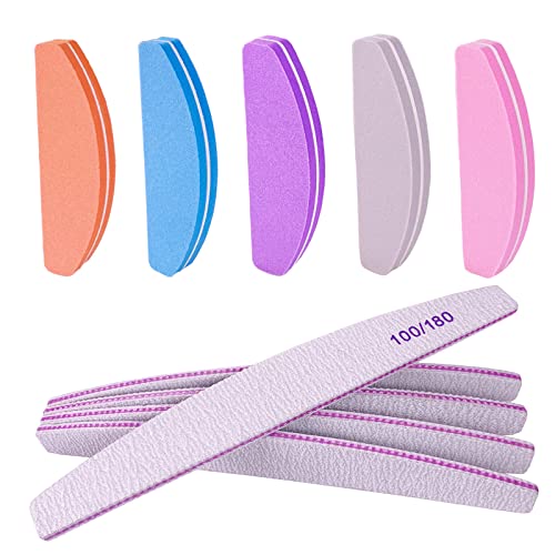 Nail File and Buffer (10 Pcs), Buffer Block Nail Files Double Sided 100/180 Grit for Acrylic and Natural Nails, fingernail Emery Board Buffing Blocks Manicure Set Nail Care kit Tool Halfmoon Arc