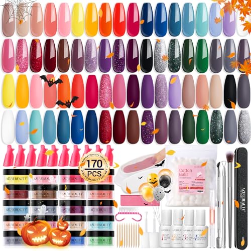 AZUREBEAUTY 170Pcs Dip Powder Nail Kit Starter - Fall Stylish, 36 Colors Orange Red Dip Nails Powder Starter Kit with Dip Liquid Set + Nail Removal Accessories Set for Nail Art Manicure Salon Home