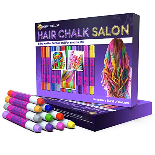 Desire Deluxe Hair Chalk for Girls Makeup Kit of 10 Temporary Colour Pens Gifts, Great Toy for Kids Age 5 6 7 8 9 10 11 12 13 Years Old