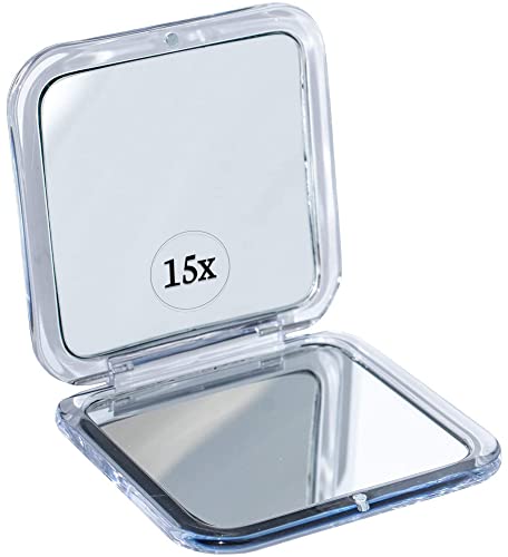 Small Compact 15X Magnifying Mirror for Travel - Handheld, Foldable & Lightweight - Mini Pocket-Sized Magnified Mirror for Purse - Square 3.3” x 3.3”