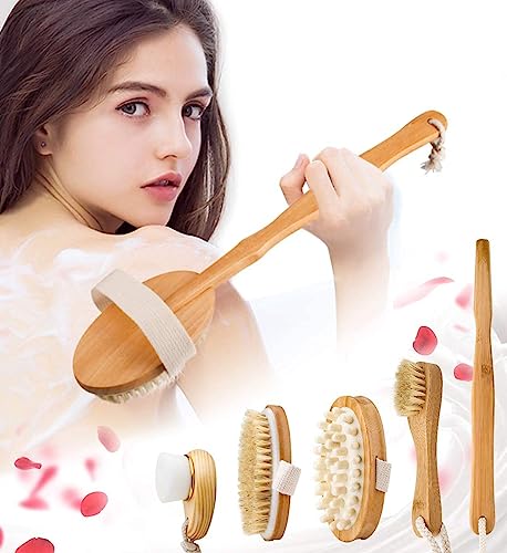 Premium Dry Brushing Body Brush Set for Lymphatic Drainage and Cellulite Treatment, Natural Boar Bristle Body Brush, Long Handle Body Brush, Face Cleansing Brush,Great Gift for A Glowing Skin, 5 Pack
