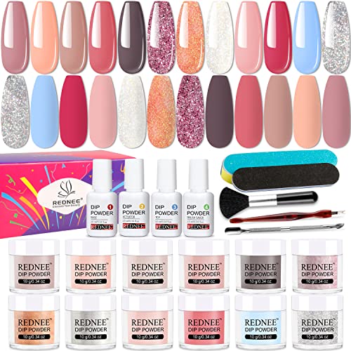 REDNEE 21 Pcs Dip Powder Nail Kit Starter - 12 Colors Nude Pink Glitter Fast Dry Dipping Powder Essential Kit for French Nail Manicure Nail Art Set RE34