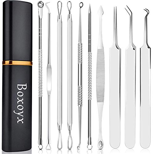 Blackhead Remover Tool, Boxoyx 10 Pcs Professional Pimple Comedone Extractor Popper Tool Acne Removal Kit - Treatment for Pimples, Blackheads, Zit Removing, Forehead,Facial and Nose(Silver)