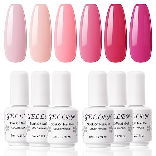 Gellen Gel Nail Polish Kit - 6 Colors Tulip Pinks Series Rose Peach Magenta Tone, Classic Bright Pinks Red Nail Gel Shades Nail Art DIY Home Gel Manicure Set