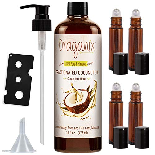 Oraganix Fractionated Coconut Oil with Roller Bottles - 100% Pure Natural 16 Oz Coconut Oil, 10ml Essential Oil Roller Bottles, Caps, Funnel and Bottle Opener - Carrier Oil for Essential Oils Mixing