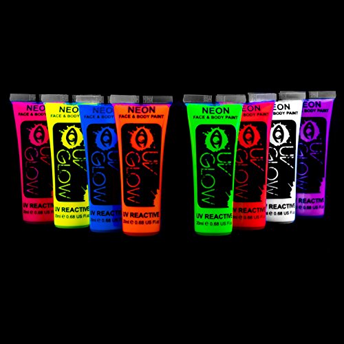 UV Glow Blacklight Face and Body Paint 0.68oz - Set of 8 Tubes - Neon Fluorescent