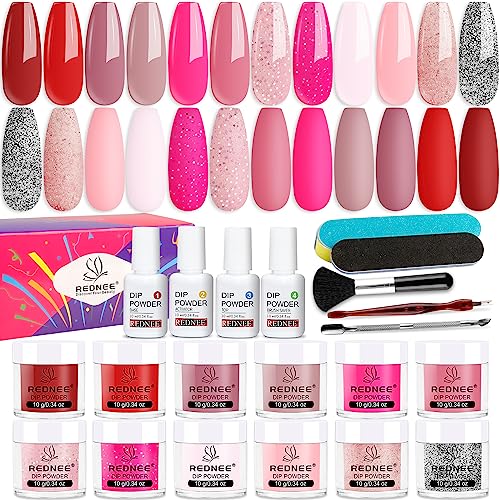 REDNEE 12 Red Pink Colors Dip Powder Nail Kit Starter 21pcs Dip Powder Starter Kit with Essential Liquid Base & Top Coat Activator Weak & Thin Nails Solution Kit for Strengthen Nails RE41