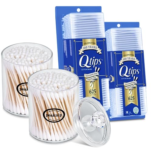 2-Pack 625 Count Q-tip Cotton Swabs - Multipurpose, Soft and Firm Cotton Buds for Body Hygiene, Beauty Care, and Tool Cleaning - Bundled with 2 Peaknip Q-tip Holder & Dispenser