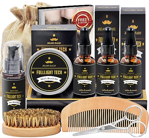 FULLLIGHT TECH Beard Kit for Men Grooming & Care W/Beard Wash/Shampoo,3 Packs Beard Oil,Beard Balm Leave-in Conditioner,Beard Comb,Beard Brush,Beard Scissor,Beard Grooming Kit Gifts for Men Husband
