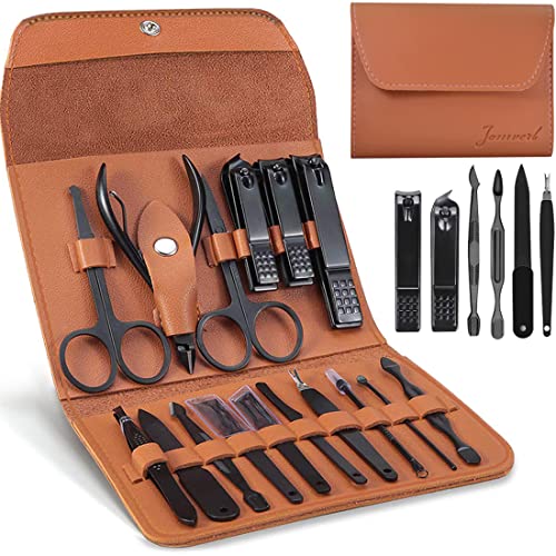 Jomverl Manicure Set, Professional Pedicure Kit Nail Clippers Nail Care Tools, 16 in 1 Travel Grooming Kit Nail Care Tool with Leather Travel Case Nail Care Kit Pedicure Kit (brown)