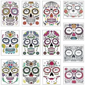 COKOHAPPY Halloween Temporary Face Tattoos Makeup Kit (13 Pack), Day of the Dead Sugar Skull Floral Black Skeleton Web Red Roses Full Face Mask Stickers Tattoo Families Party Supplies