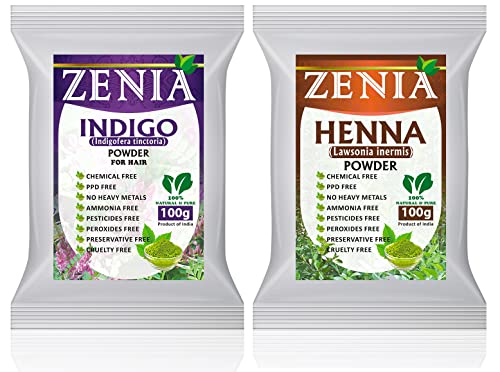 Zenia 100% Pure Indigo Powder and Henna Powder Hair Color Combo Kit | for Coloring Hair and Beard Black | 100 Grams Each | All Natural, Chemical Free, PPD-free, Ammonia-free