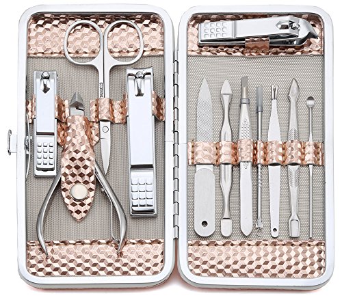 Manicure Set Professional Nail Clippers Kit Pedicure Care Tools- Stainless Steel Grooming Kit 12Pcs for Travel or Home (Rose Gold)