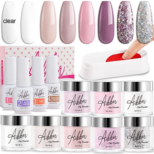 Aikker Dip Powder Nail Kit Starter 8 Colors with Essential Liquid Container for French Nail Design Professional Salon Set AK09